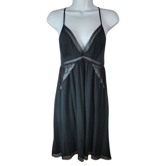 Victoria's Secret Chemise Black Large Adj Strap Lace Racerback Nightie Modal - Picture 1 of 7